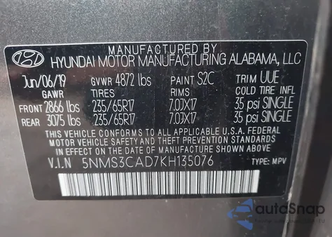 2019 Hyundai Santa Fe Sel z USA, uszkodzony, nr VIN 5NMS3CAD7KH135076